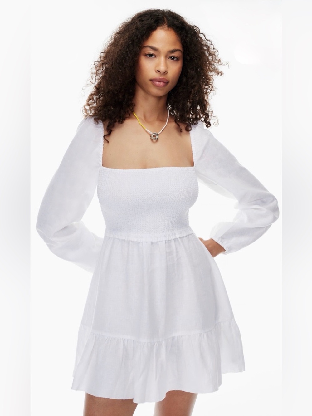 Wilfred Tempest Linen Mini Smocked Square-Neck Long Sleeve Dress White SZ SM